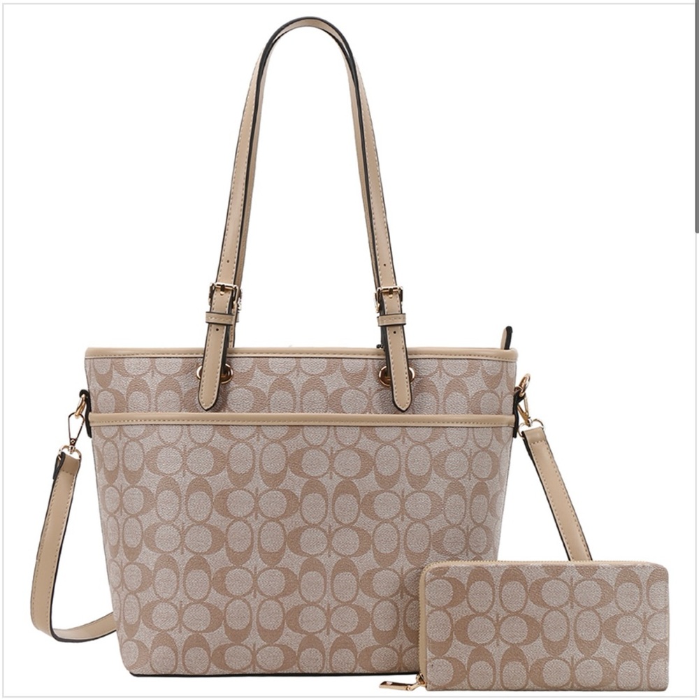 Elegant Beige Tote Bag with Matching Wallet
